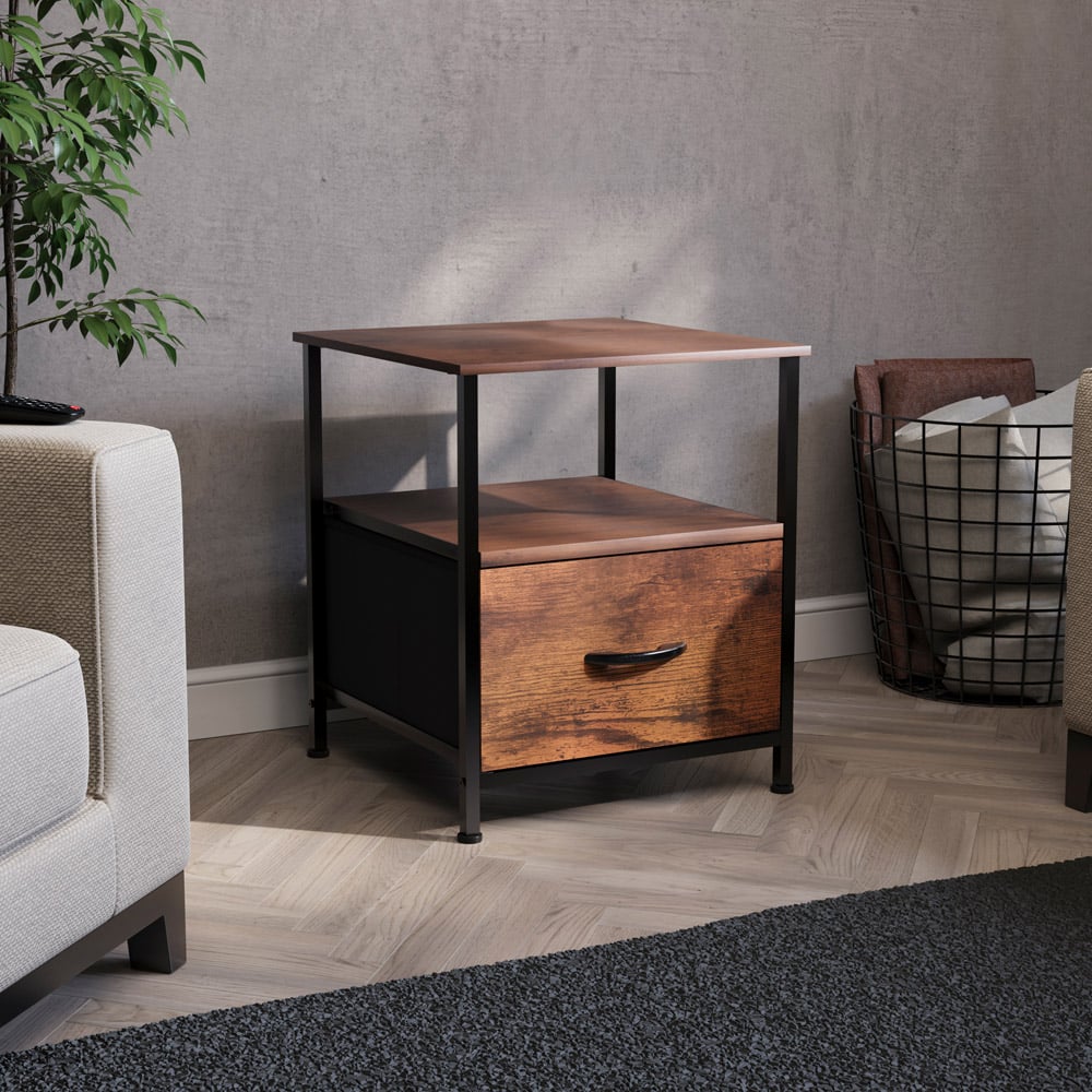 Vida Designs Chorley Single Drawer Single Shelf Rustic Brown Fabric Bedside Table Image 4