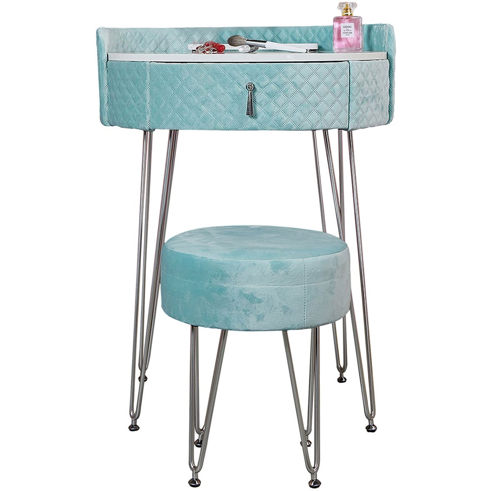 CARME Home French Riviera Single Drawer Baby Blue Upholstered Velvet Dressing Table Set Image 2