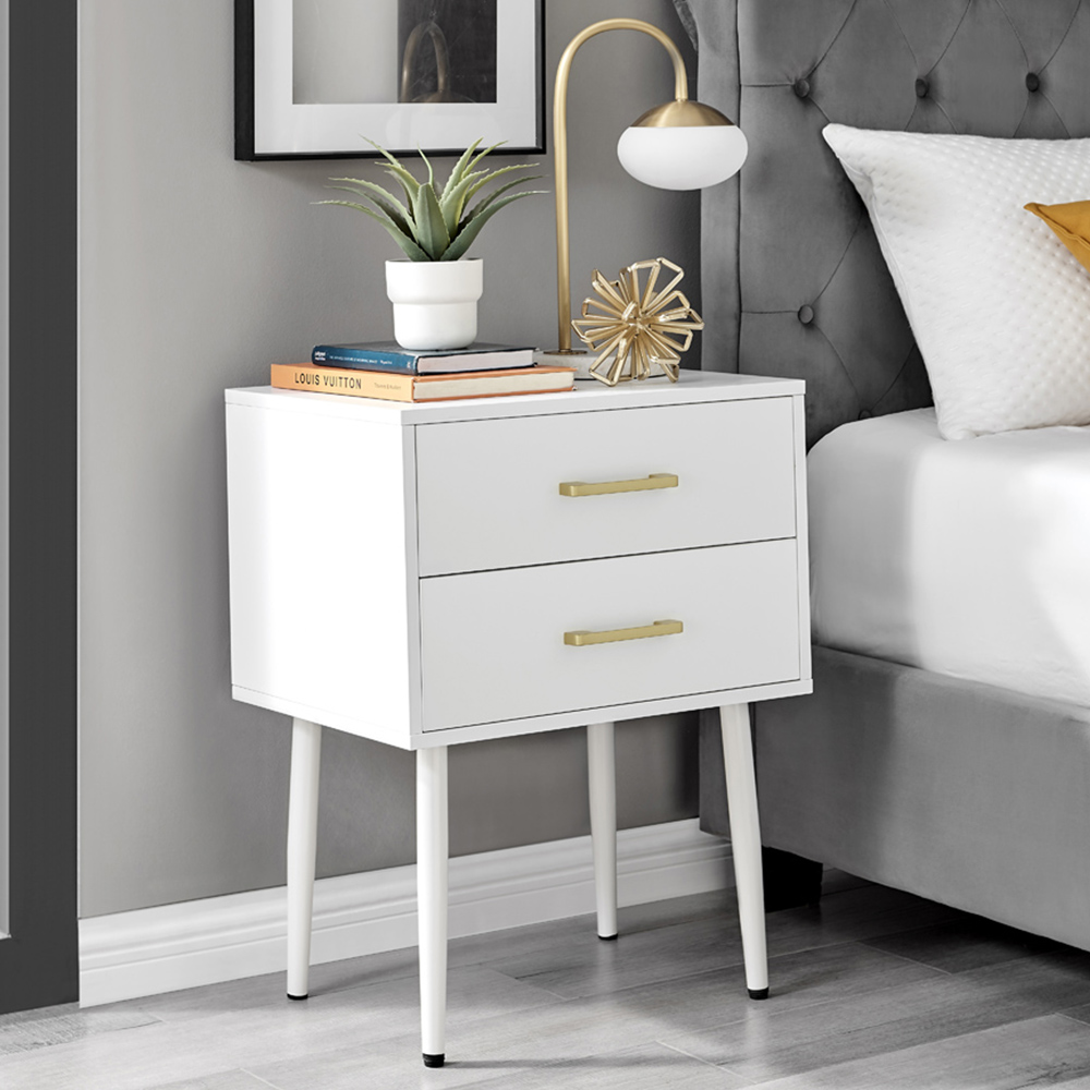 Furniturebox Tyler 2 Drawer White and Gold Small Bedside Table Image 1