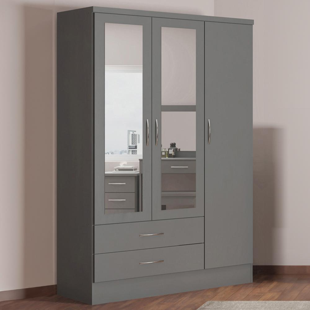 Seconique Nevada 3 Door 2 Drawer 3D Effect Grey Mirrored Wardrobe Image 1
