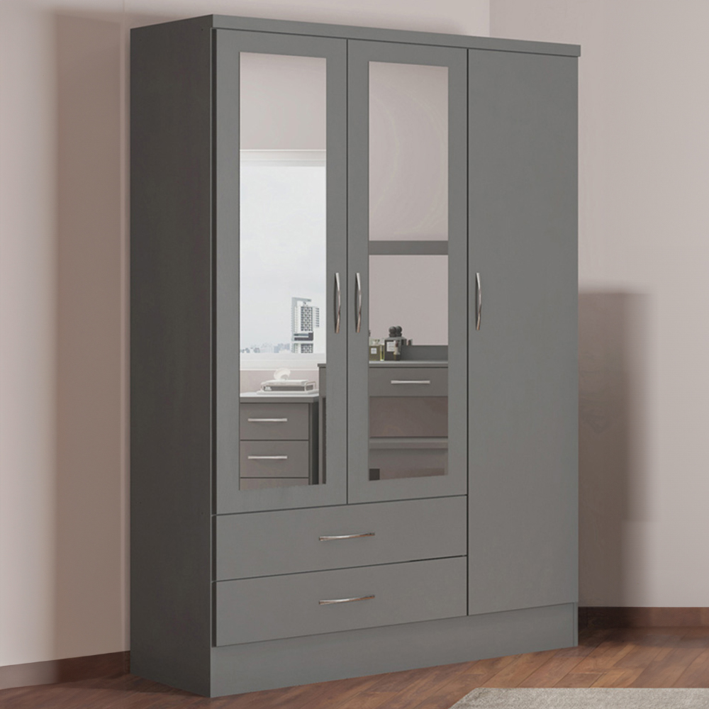 Seconique Nevada 3 Door 2 Drawer 3D Effect Grey Mirror Wardrobe Image 1