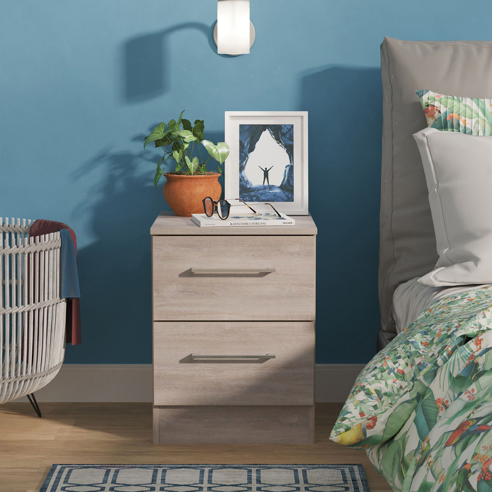 Crowndale Worcester 2 Drawer Grey Oak Compact Bedside Cabinet Ready Assembled Image 7
