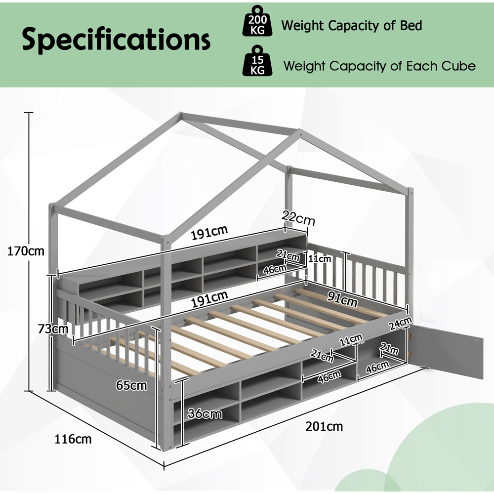 Costway Single Grey House Bed with Roof Image 7