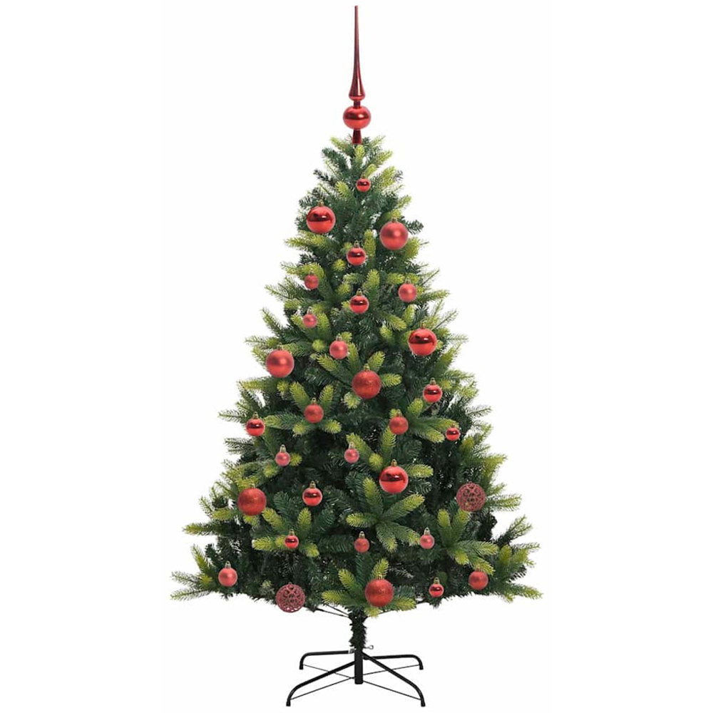 vidaXL Pre-Lit Red Baubles Green Artificial Hinged Christmas Tree 5ft Image 4
