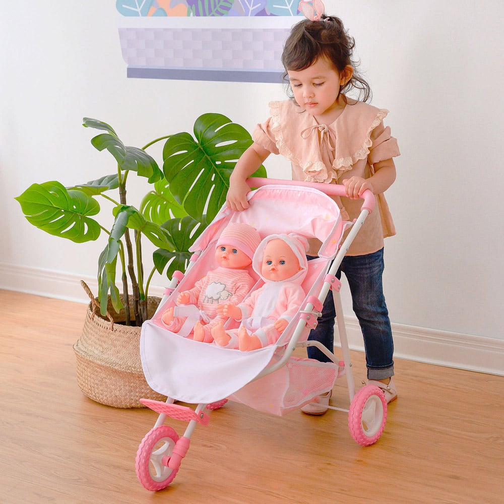 Teamson Kids Olivia's Little World Twinkle Stars Pink Twin Baby Doll Stroller Image 6