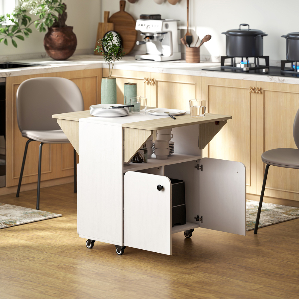 Portland 2 Drawer White Rolling Drop Leaf Dining Table with Hidden Shelf Image 4