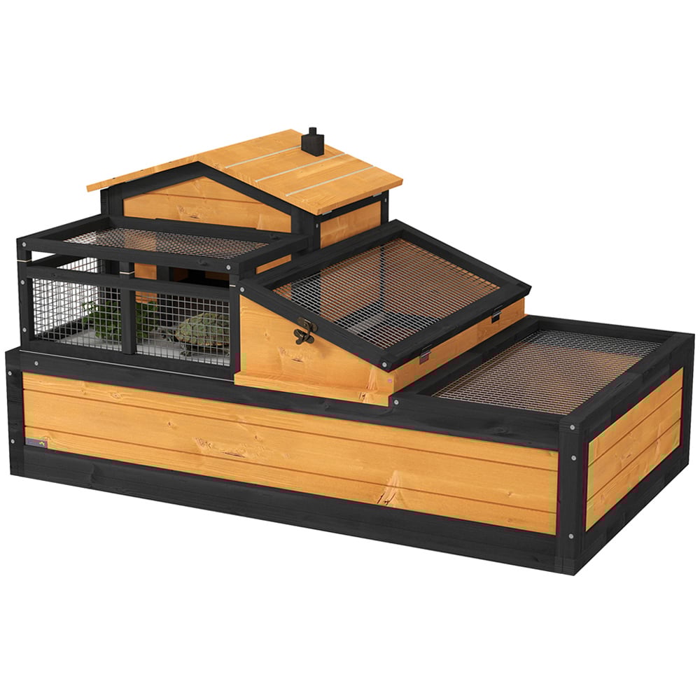 PawHut Wooden Tortoise House with Balcony and Tray Image 3