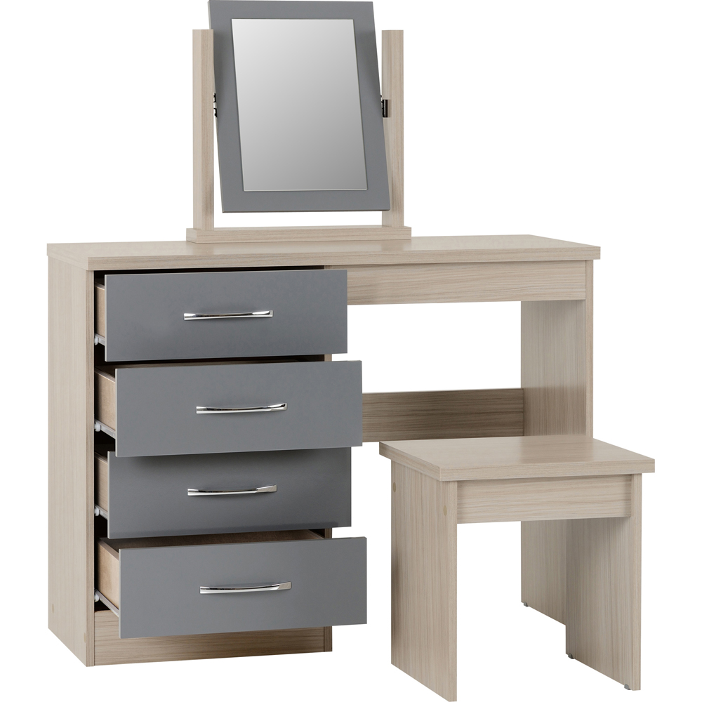 Seconique Nevada 4 Drawer Gloss Grey and Light Oak Veneer Dressing Table Set with Mirror Image 3