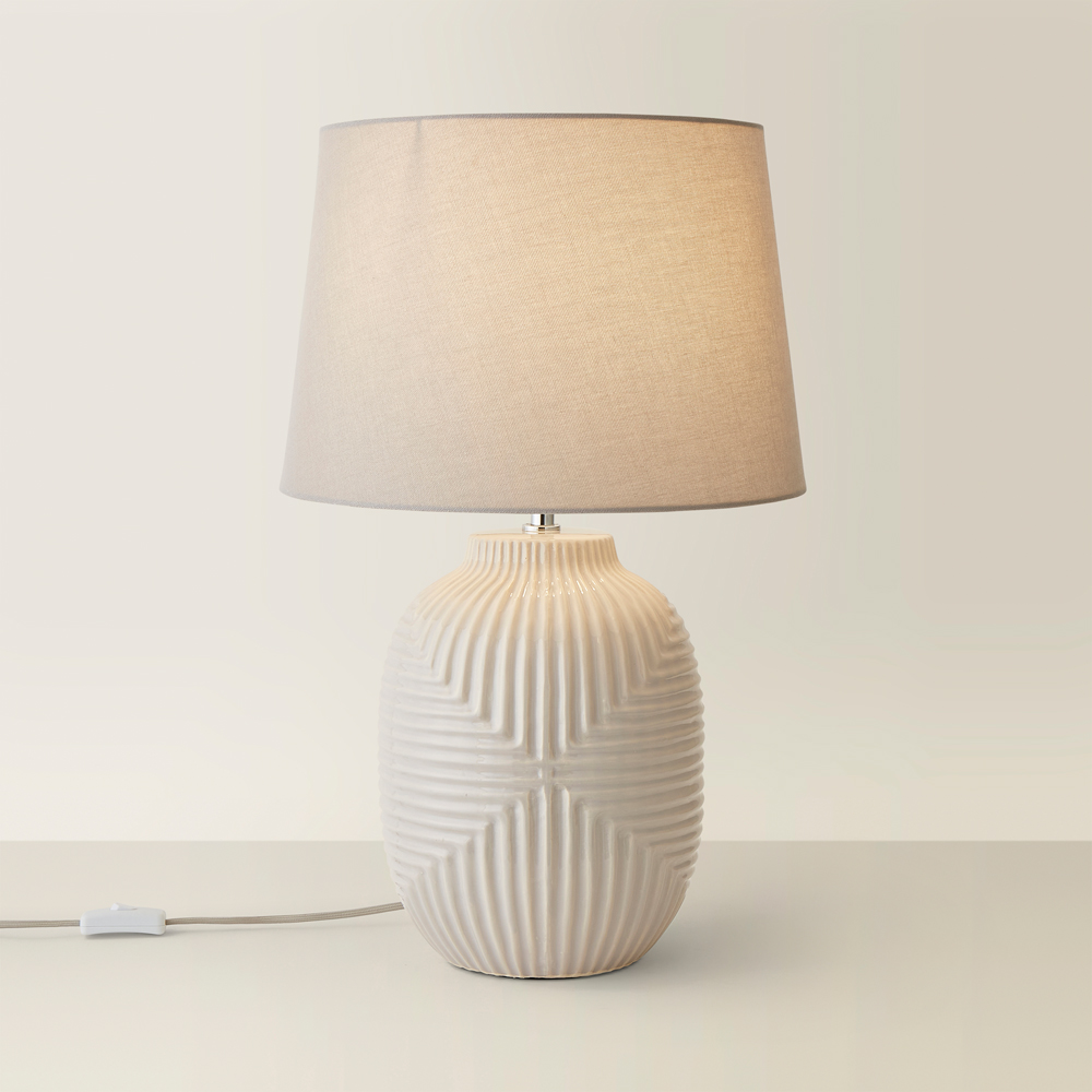 ValueLights Harrison Tapered Shade Grey Geo Ribbed Pattern Gloss Large LED Table Lamp Image 5