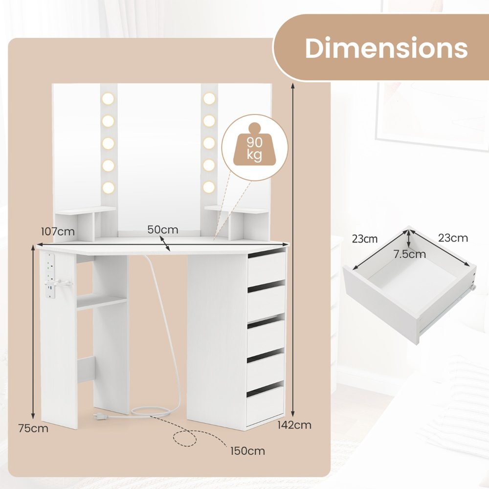 Costway White Vanity Desk with Lighted Mirror and Power Outlet Image 9