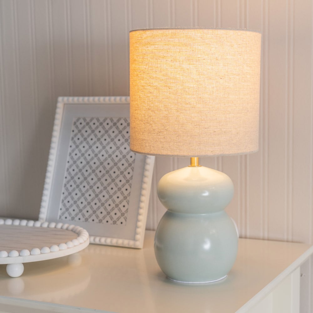 ValueLights Kendal Natural Linen Drum Shade Blue Glazed Ceramic LED Table Lamp Image 2
