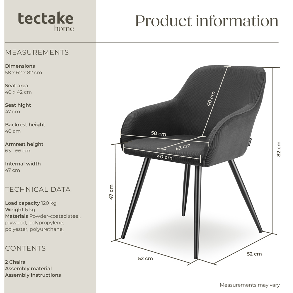 tectake Marilyn Set of 2 Anthracite Black Corduroy Padded Dining Chair Image 9