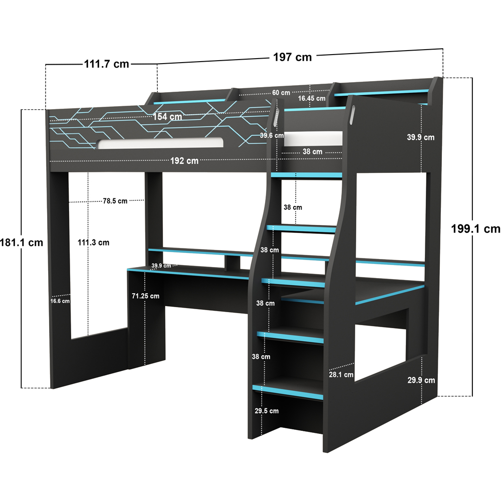 Recoil Ultimate Single Charcoal and Neon Blue Gaming High Sleeper Bed with LED Image 7