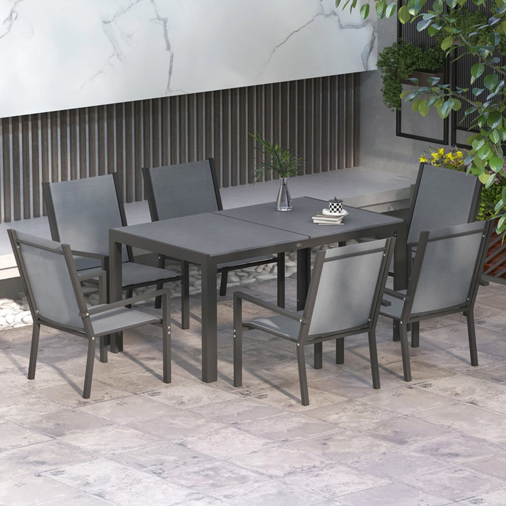 Outsunny 6 Seater Plastic Wood Dining Set Grey Image 1