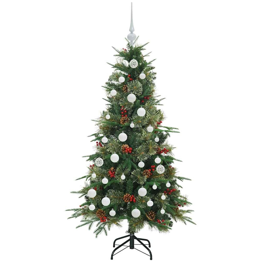 vidaXL Pre-Lit White Baubles Green Artificial Hinged Christmas Tree 5ft Image 4