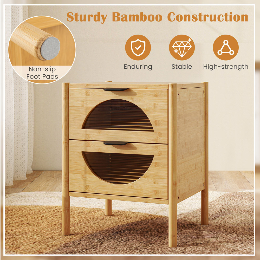 Costway 2 Drawer Natural Mid Century Bamboo Nightstand Image 6