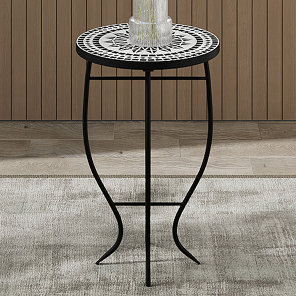 Living and Home White Mosaic Round Garden Accent Side Table Image 1
