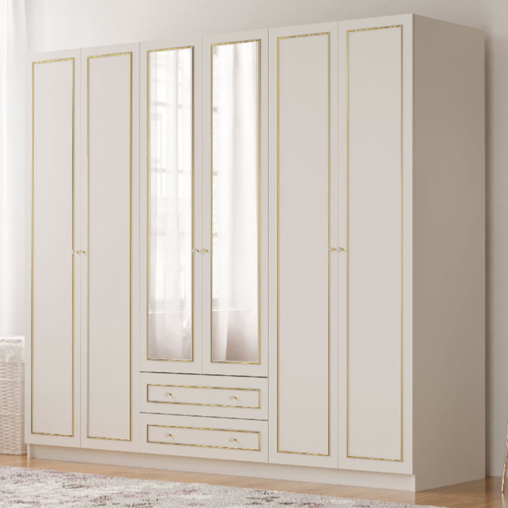 Evu MARIE 6 Door 2 Drawer Gold and White Mirror Wardrobe Image 1