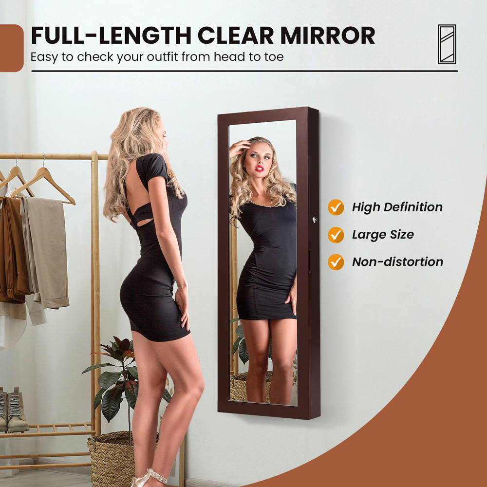 Costway Brown Lockable Mirror Jewellery Cabinet with LED Lights Image 4