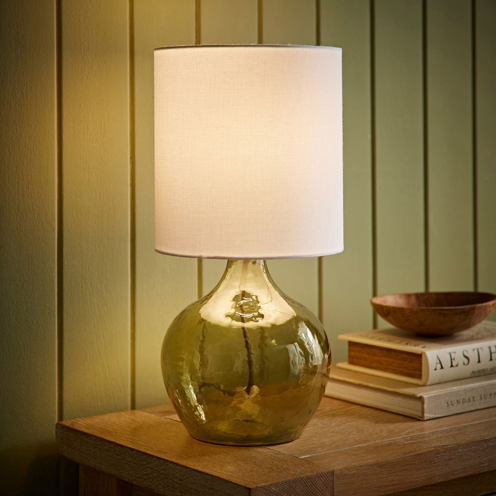 ValueLights Emily Natural Linen Drum Shade Dark Green Glass Teardrop LED Table Lamp Image 2