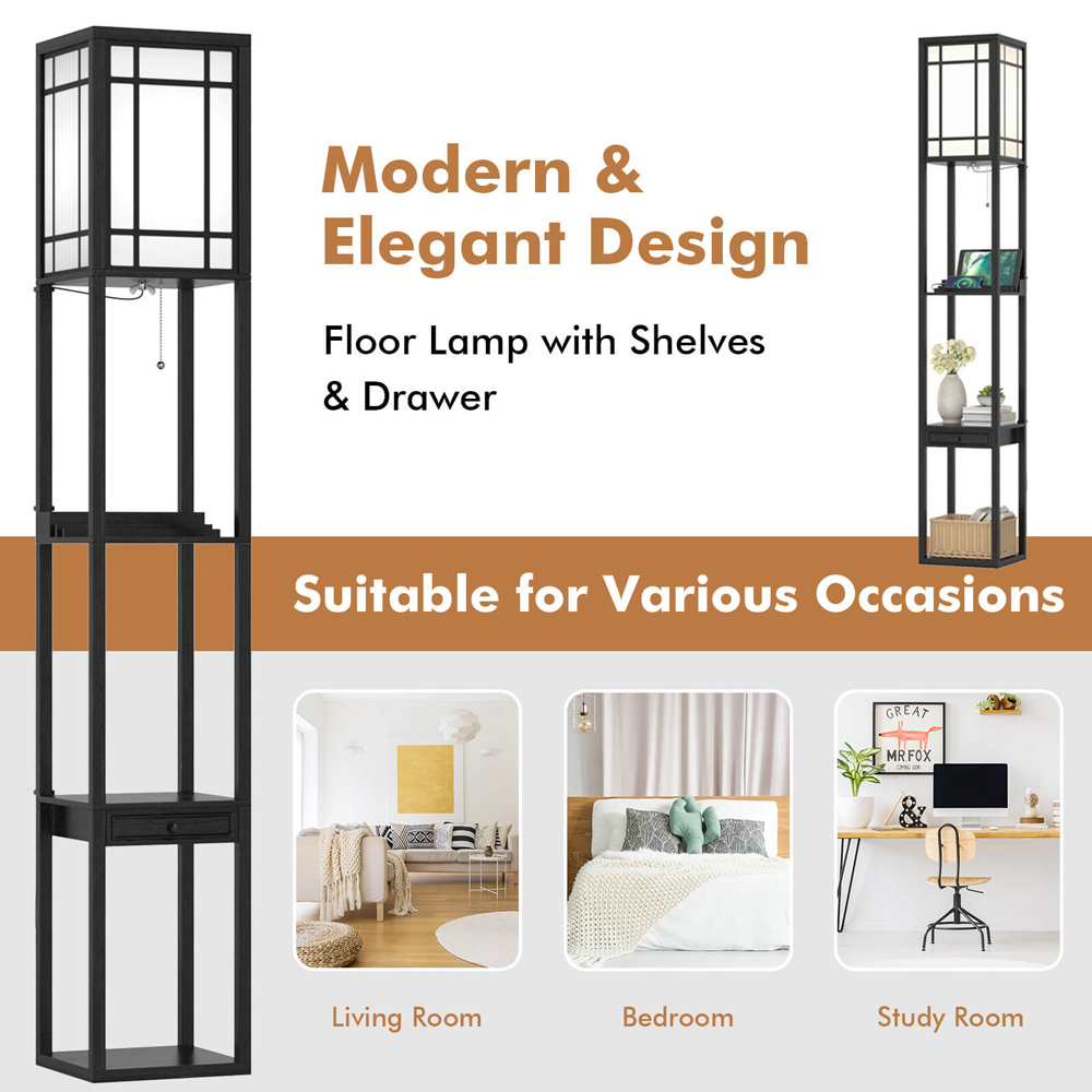 Costway Single Drawer 3 Shelf Tall Storage Floor Lamp with 2 USB Charging Port Image 7