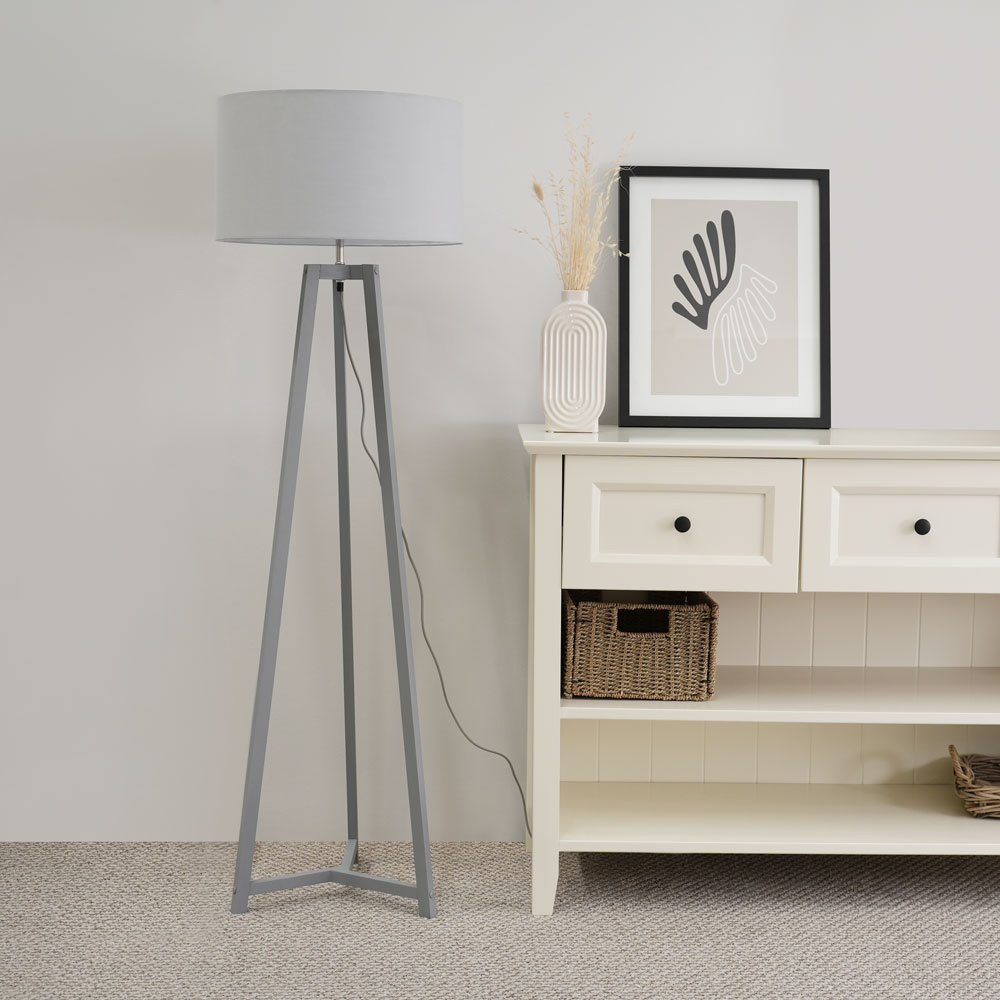 ValueLights Lottie Grey Fabric Drum Shade Grey Wood Tripod LED Floor Lamp Image 3