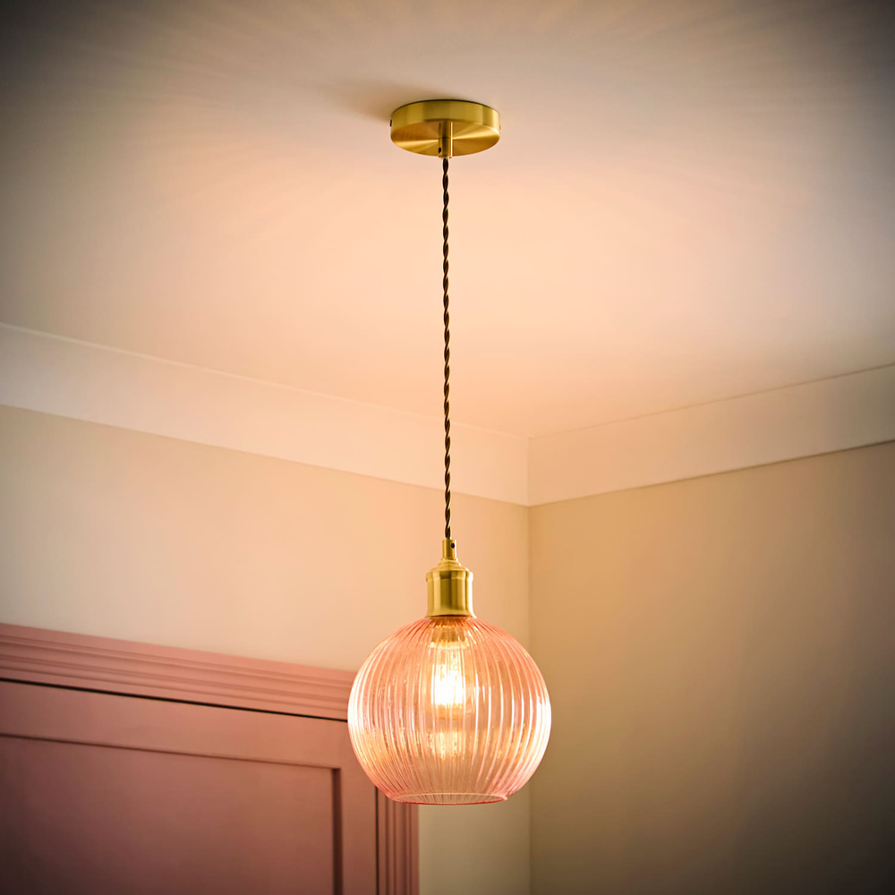 ValueLights Maddison Pink Glass Globe Brushed Gold LED Ceiling Pendant Light with Bulb Image 2