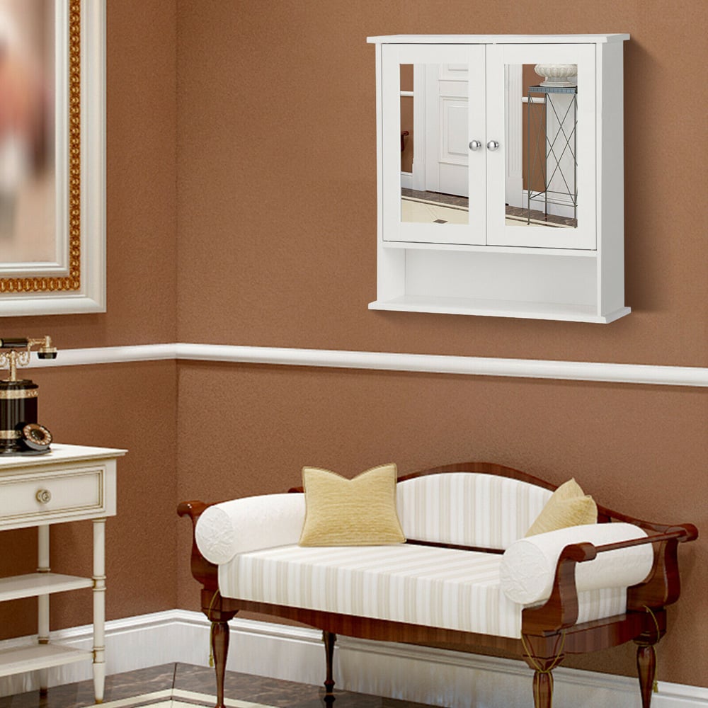 Costway White Adjustable Wooden Hanging Medicine Organizer with Mirror Image 4