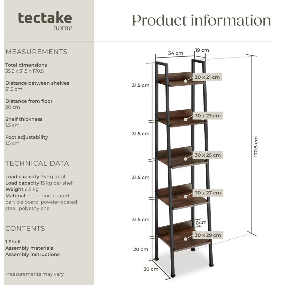 tectake 5 Shelf Dark Wood Shelving Unit 31.5 x 35.5 x 170.5cm Image 9