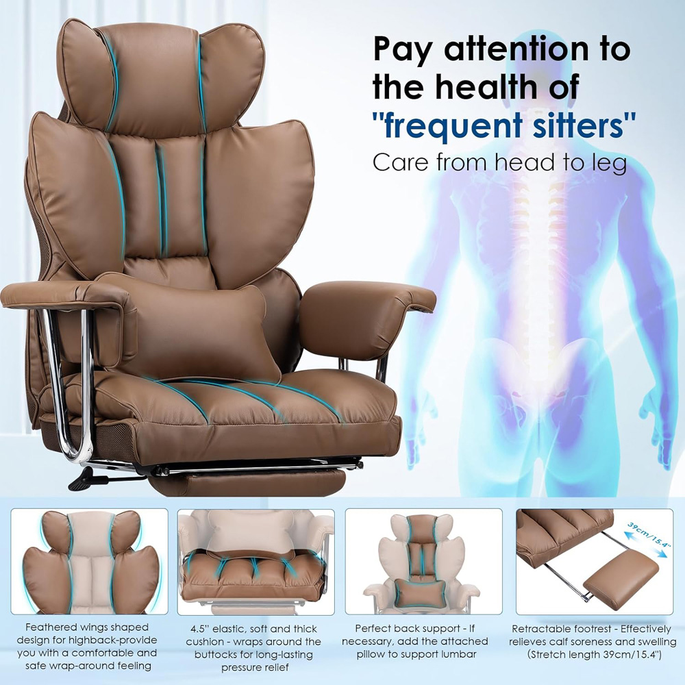 Rattrix Brown Leather Ergonomic High Back Swivel Office Chair with Footrest Image 4