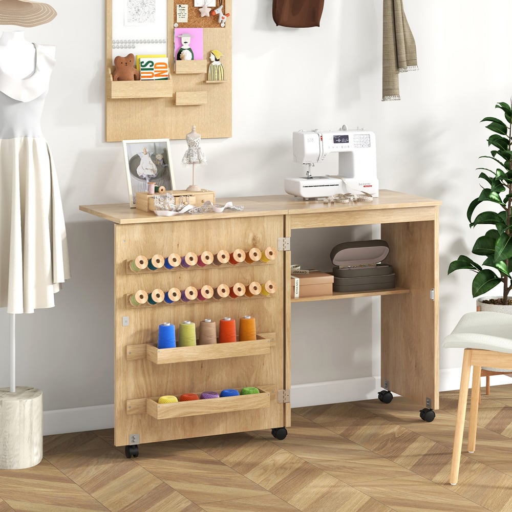 Costway Single Shelf 2 Tray Natural Folding Sewing Table with Wheels Image 6