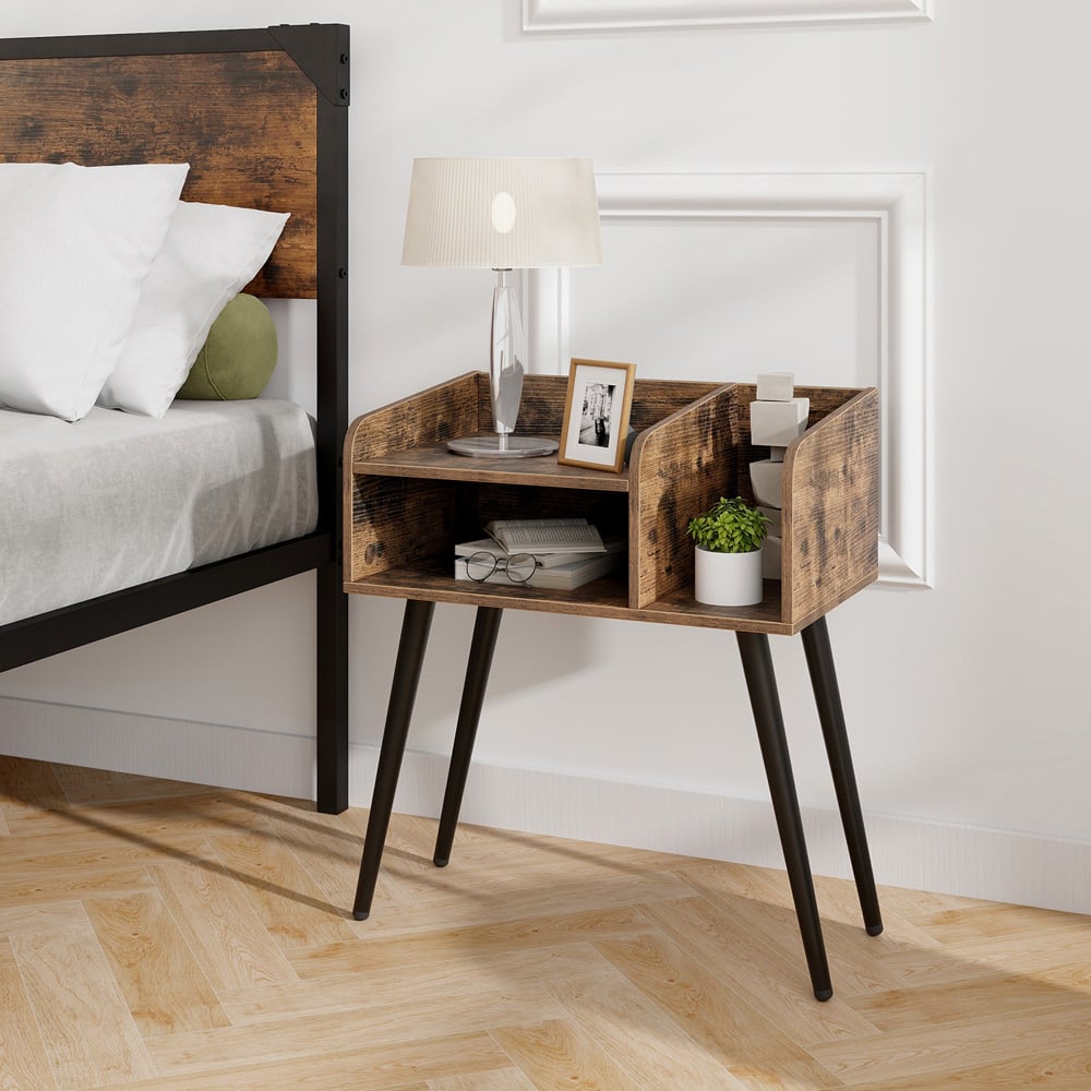 Costway Mid Century Rustic Brown 2 Tier Nightstand Set of 2 Image 4