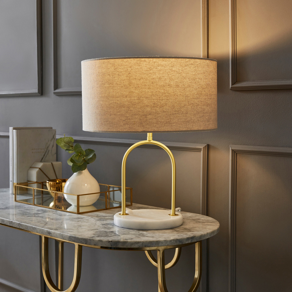 ValueLights Rachel Natural Lamp Shade Brushed Gold Arch Marble Base LED Table Lamp Image 2