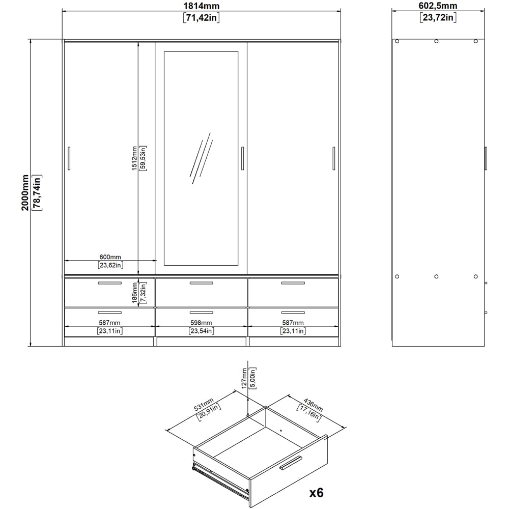 Florence Line 3 Door 6 Drawer Oak and White High Gloss Wardrobe Image 9