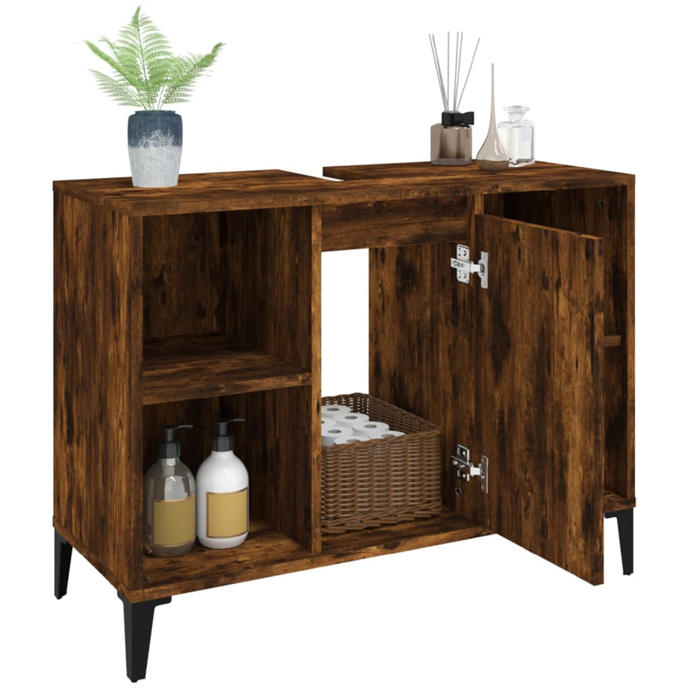 vidaXL Single Door 4 Shelf Smoked Oak Freestanding Under Sink Bathroom Cabinet Image 4
