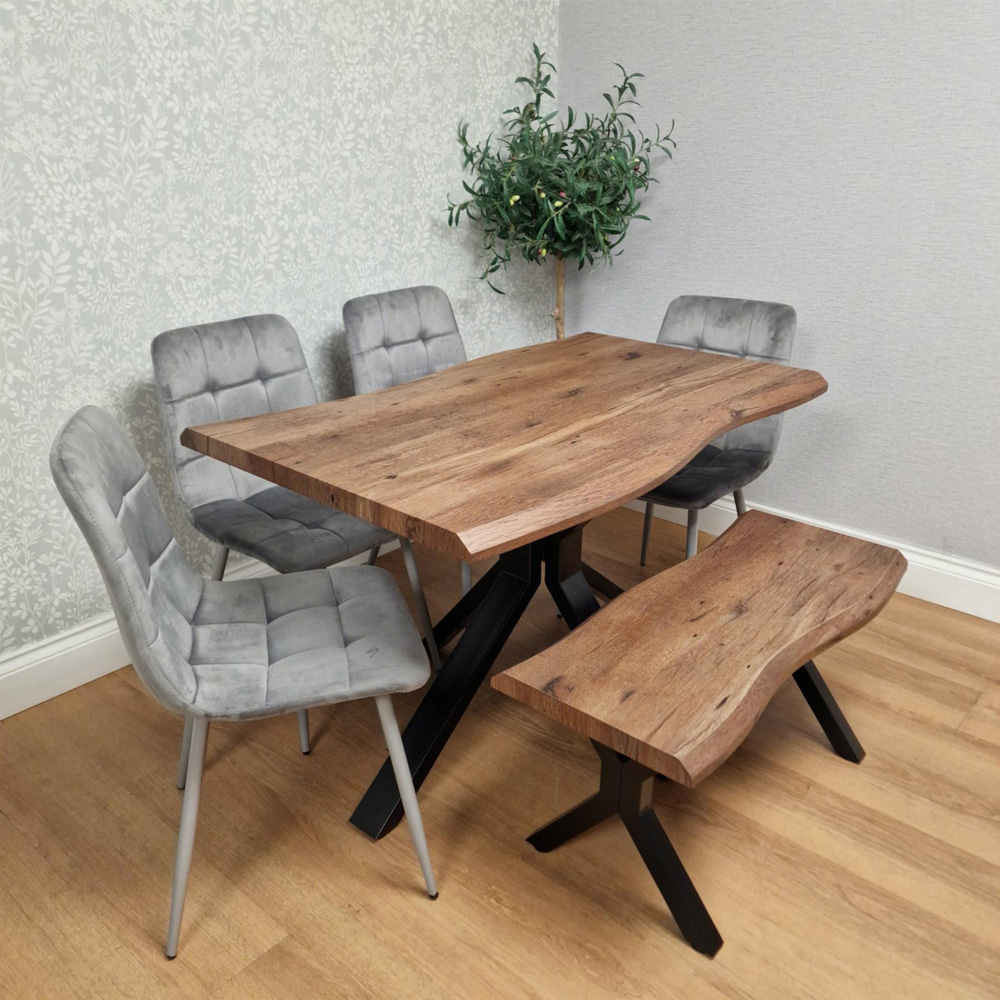 Kosy Koala 6 Seater Wooden Effect Velvet Dining Set with Bench Grey Image 1