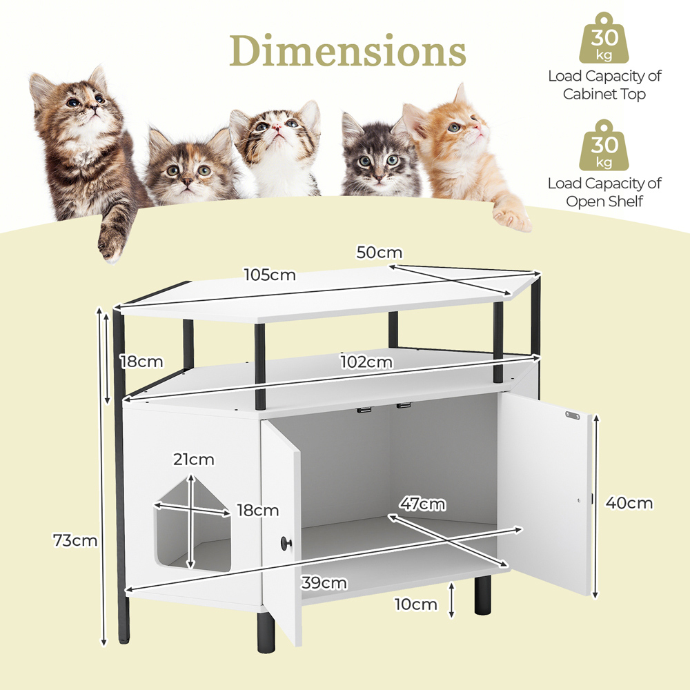 Costway White Corner Cat Litter Box Enclosure with Open Shelf Image 9