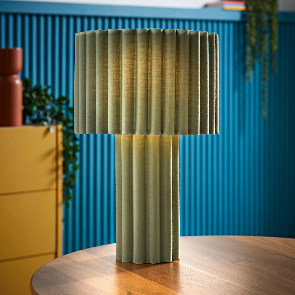 ValueLights Lenny Moss Green Drum Lamp Shade Ribbed Full Fabric LED Table Lamp Image 2