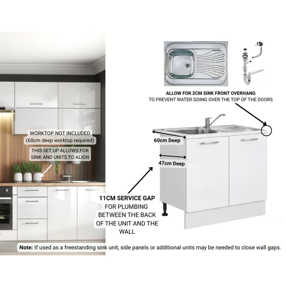 Impact Furniture Ella 2 Door White Gloss Freestanding Kitchen Sink Base Unit with Sit On Sink 800mm Image 5