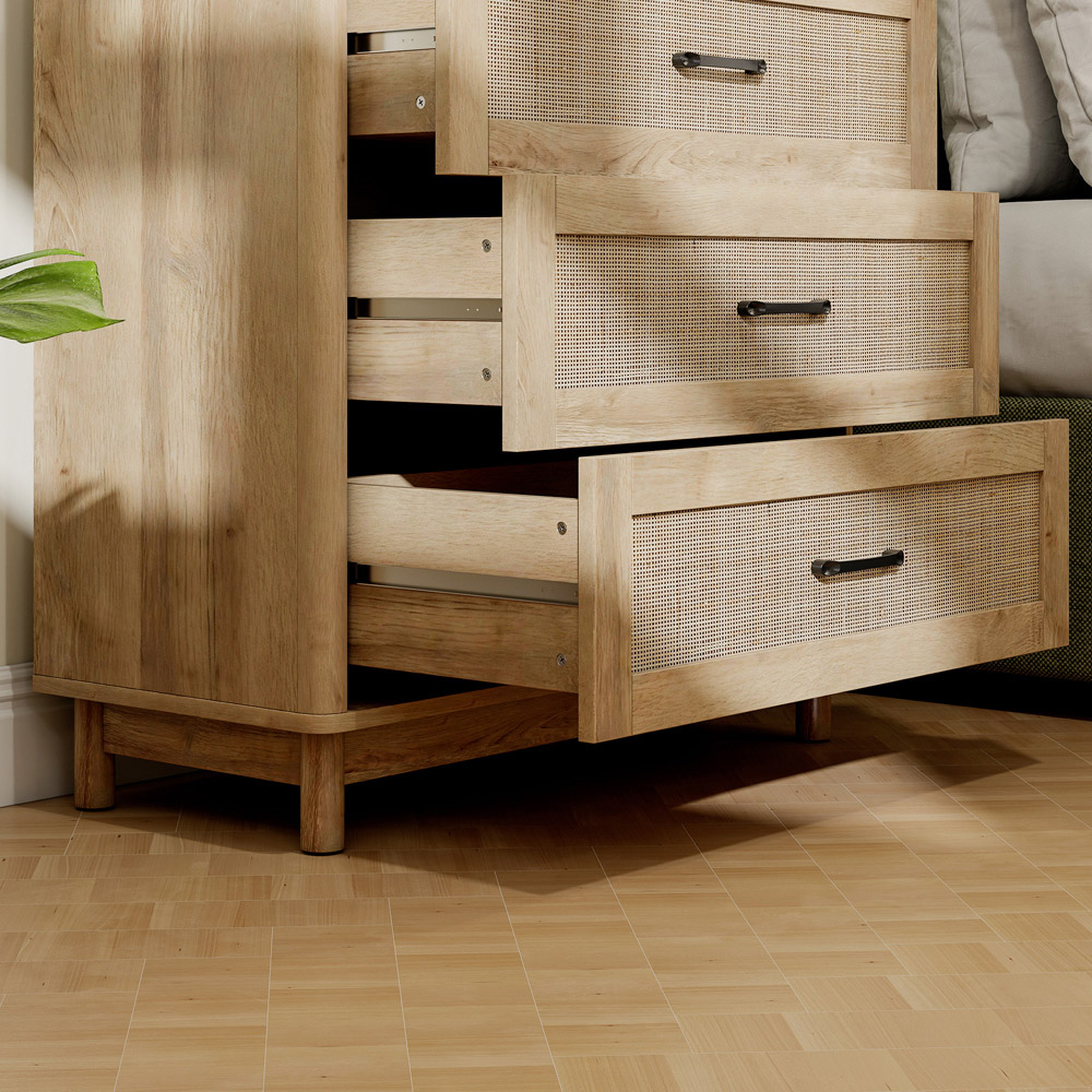 Portland 3 Drawer Oak Rattan Wide Chest of Drawers Image 3
