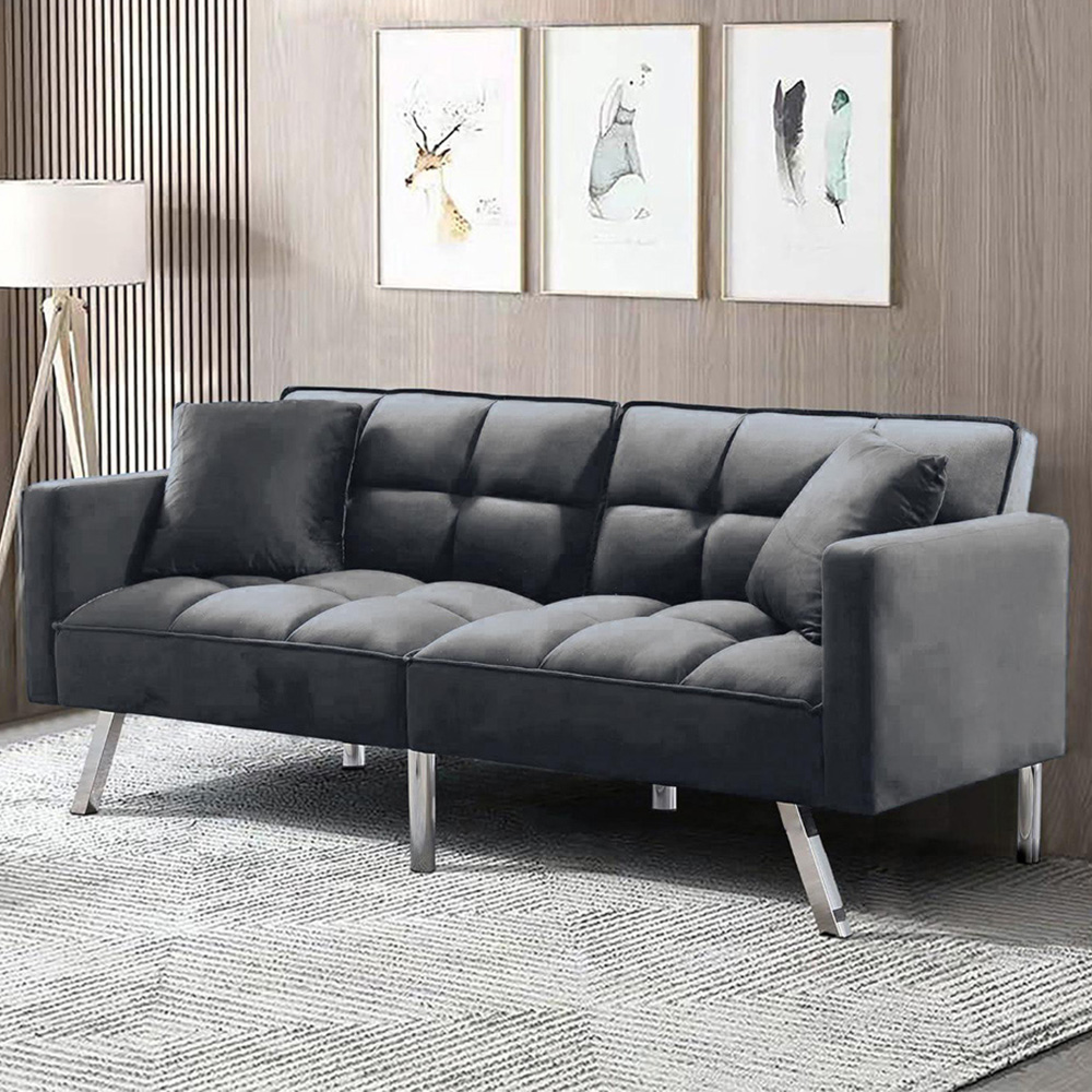 Portland 2 Seater Grey Velvet Sofa Bed with Pillows Image 1