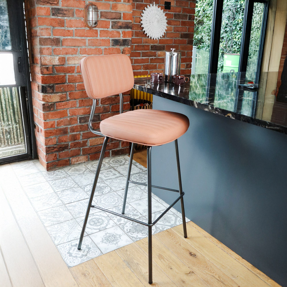 MMT Furniture Designs Tan PU Leather Steel Frame Retro Industrial Style Bar Stool Set of 2 Image 4