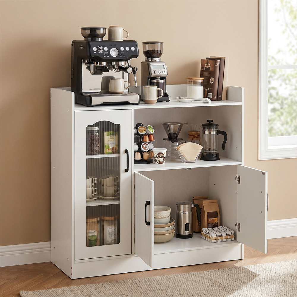 Living and Home 3 Door Single Shelf White Glass Panel Sideboard Image 7
