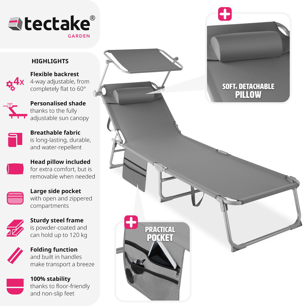tectake Grey Foldable Sun Lounger Image 3