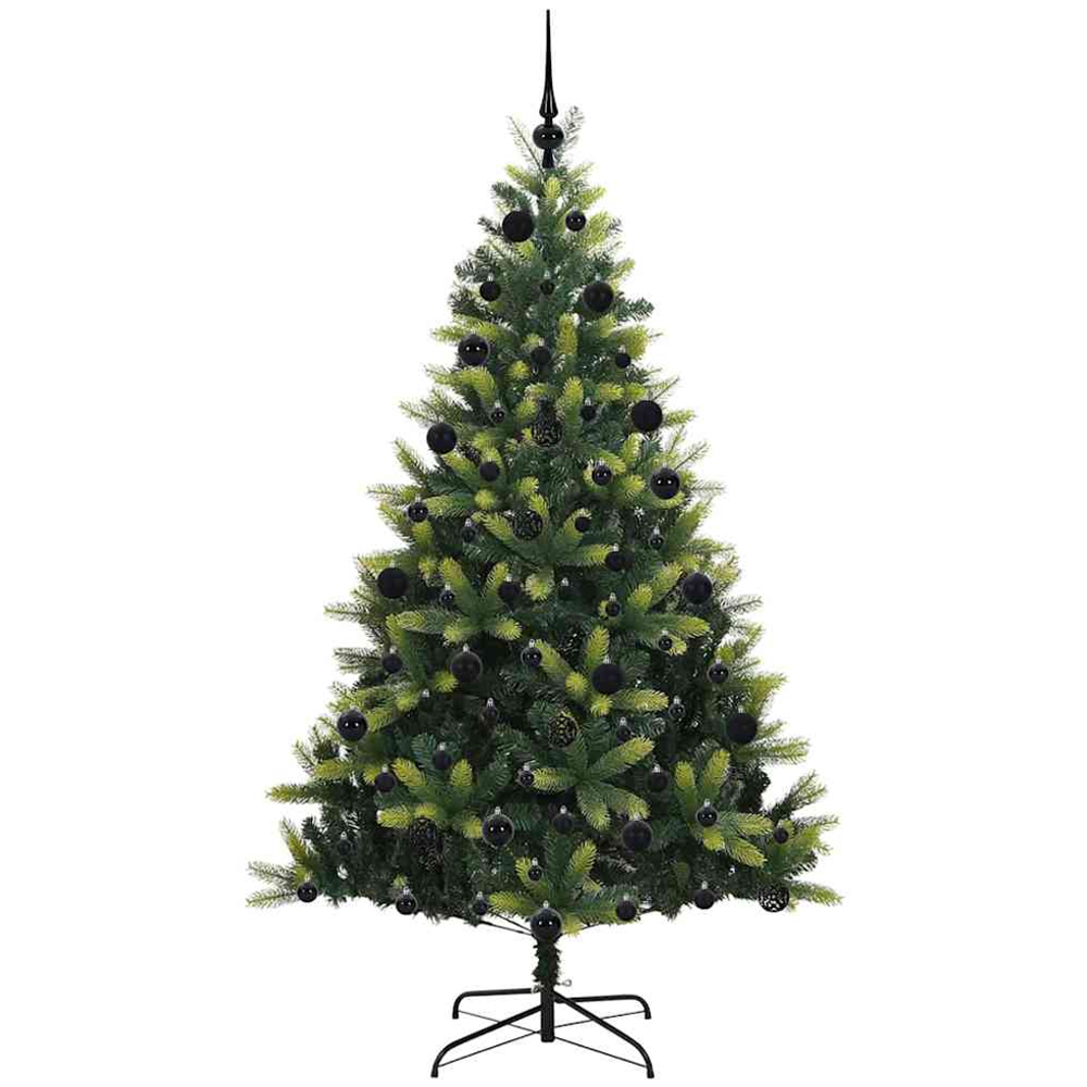 vidaXL Pre-Lit Black Baubles Green Artificial Hinged Christmas Tree 7ft Image 4