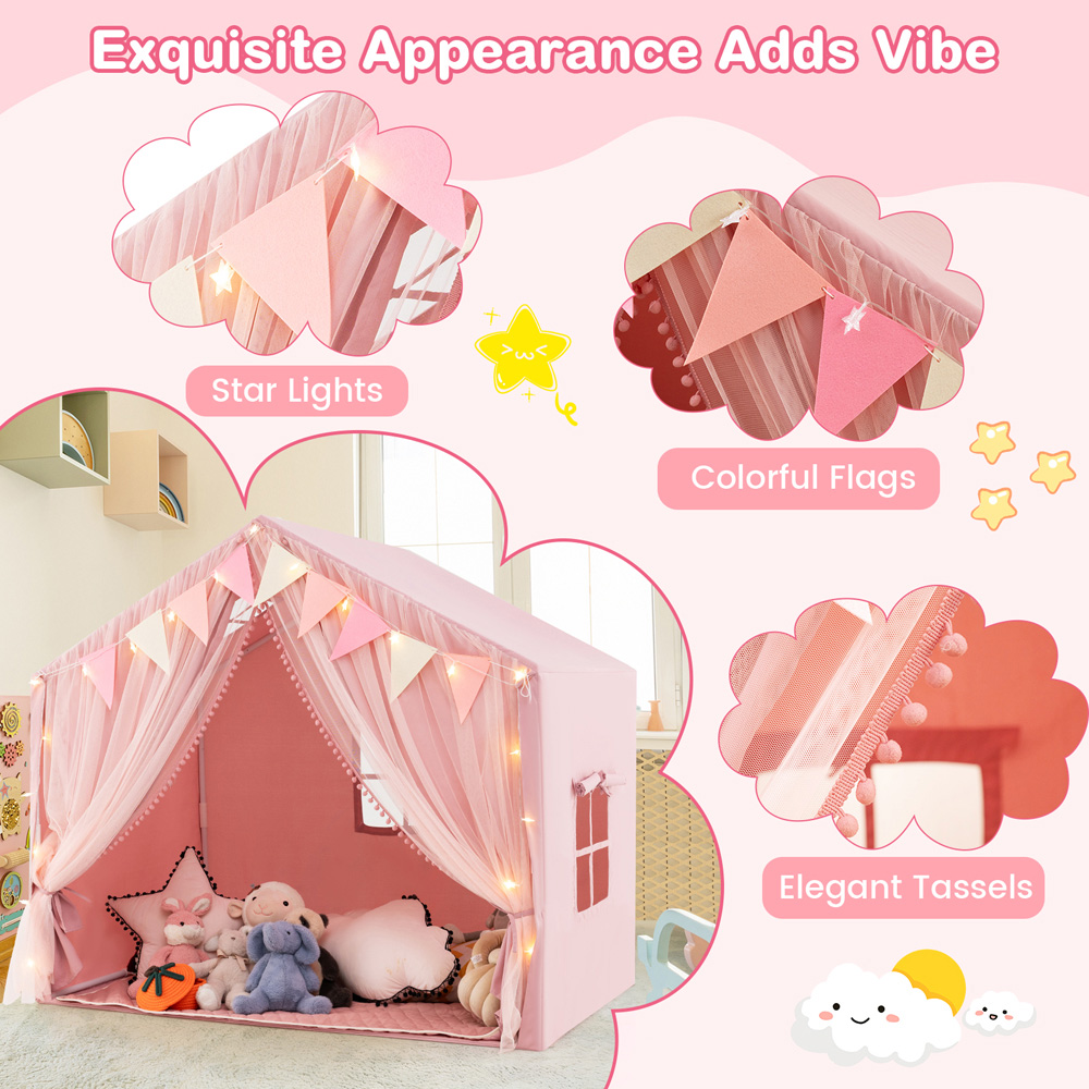 Costway Kids Pink Large Tent House Play Set with Fabric and Screen Curtains Image 5