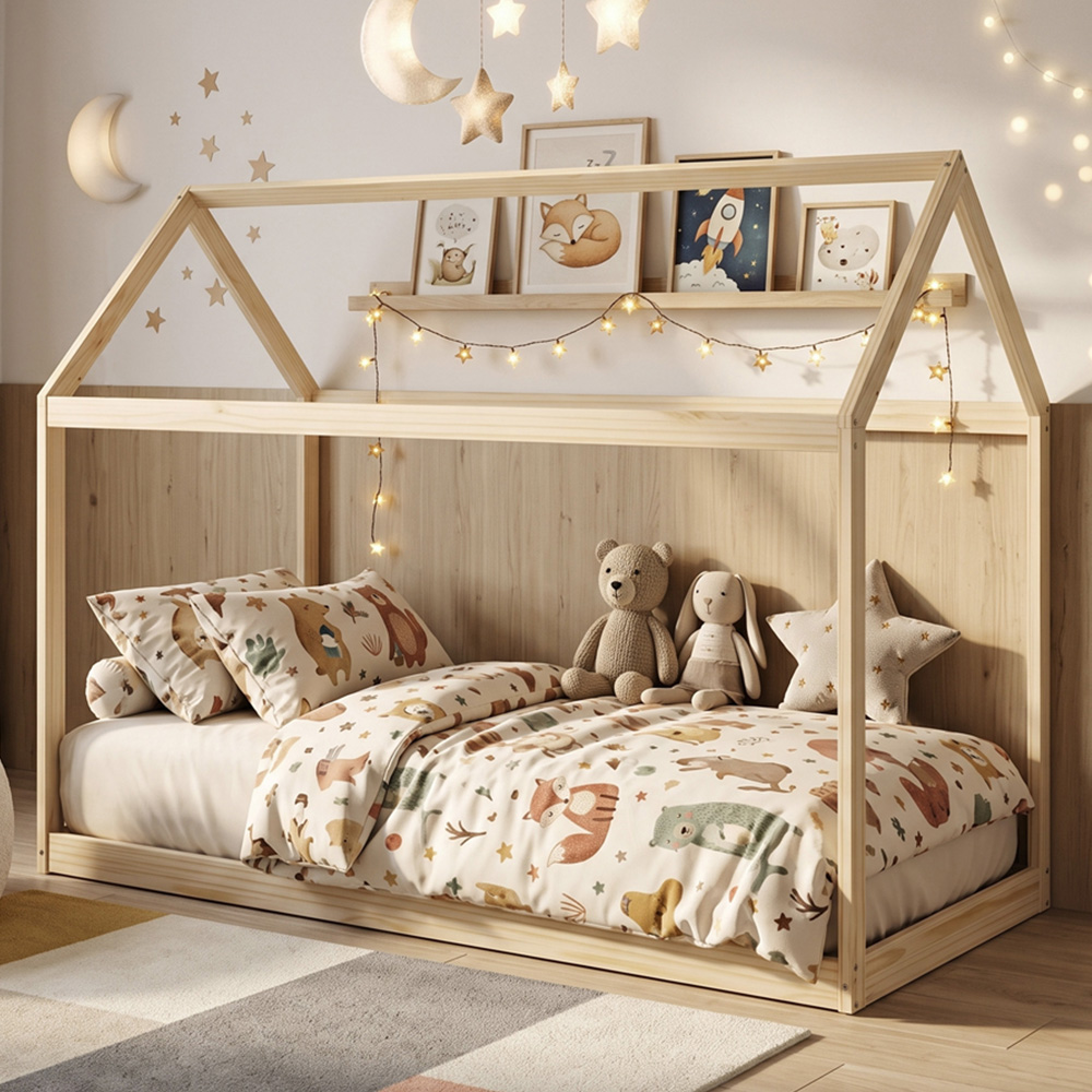 HOMCOM Single Natural Wood Finish Tree House Style Bed Frame | Wilko