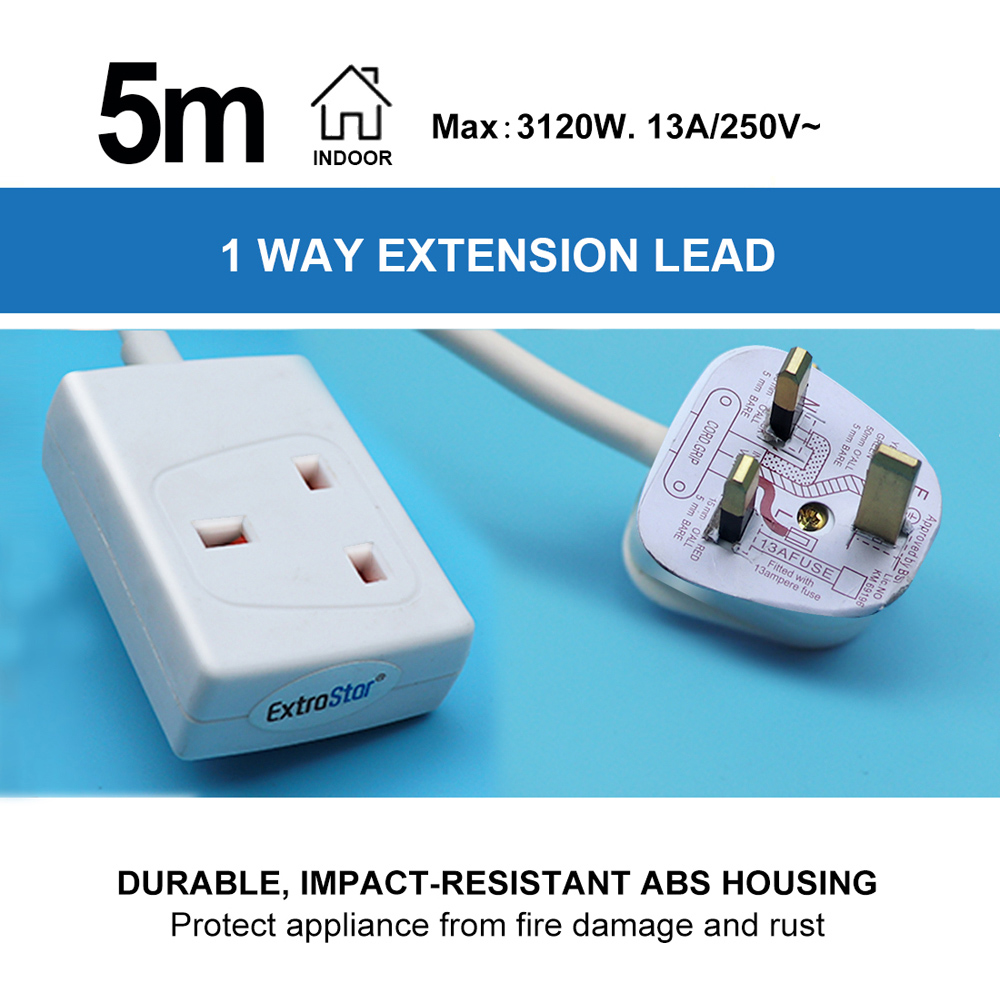 ExtraStar 13A 5m Single Socket White Extension Lead with Cable Image 3
