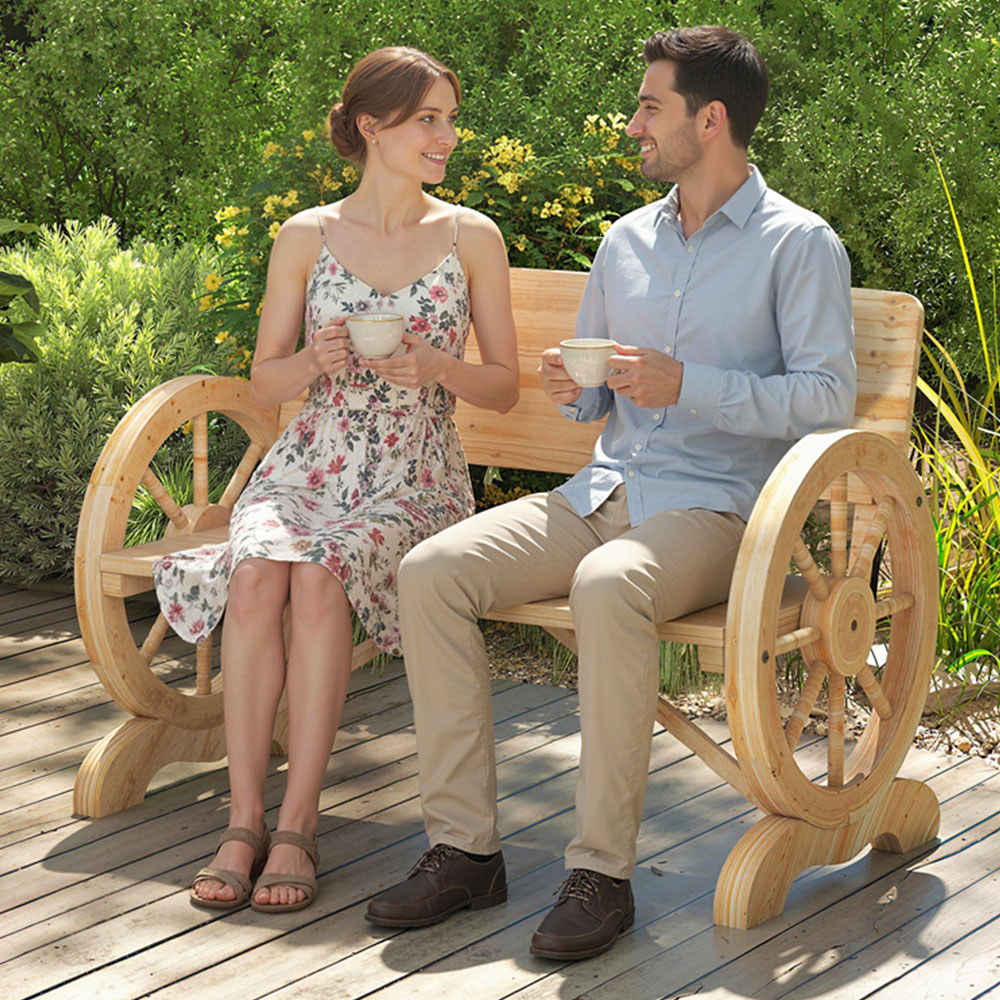 Outsunny 2 Seater Natural Wooden Garden Bench with High Back Image 1