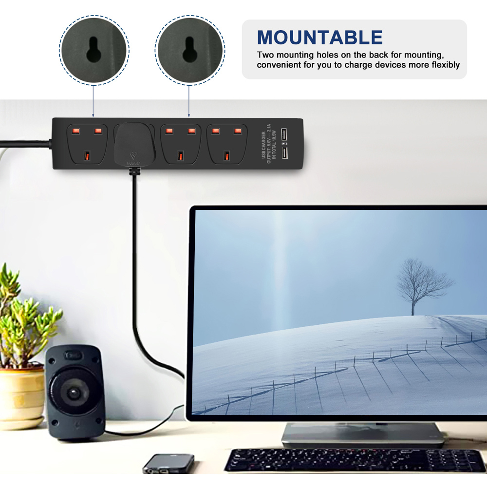 ExtraStar 13A 5m 4 Socket Black Unswitched Extension Lead with 2 USB Port Image 2